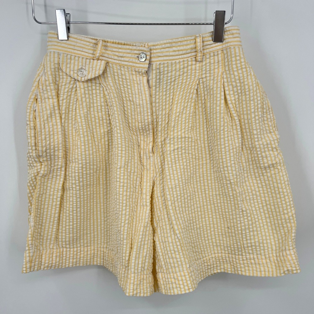 Vintage Seersucker Shorts High Rise Butter Yellow & White Stripe Preppy Resort M